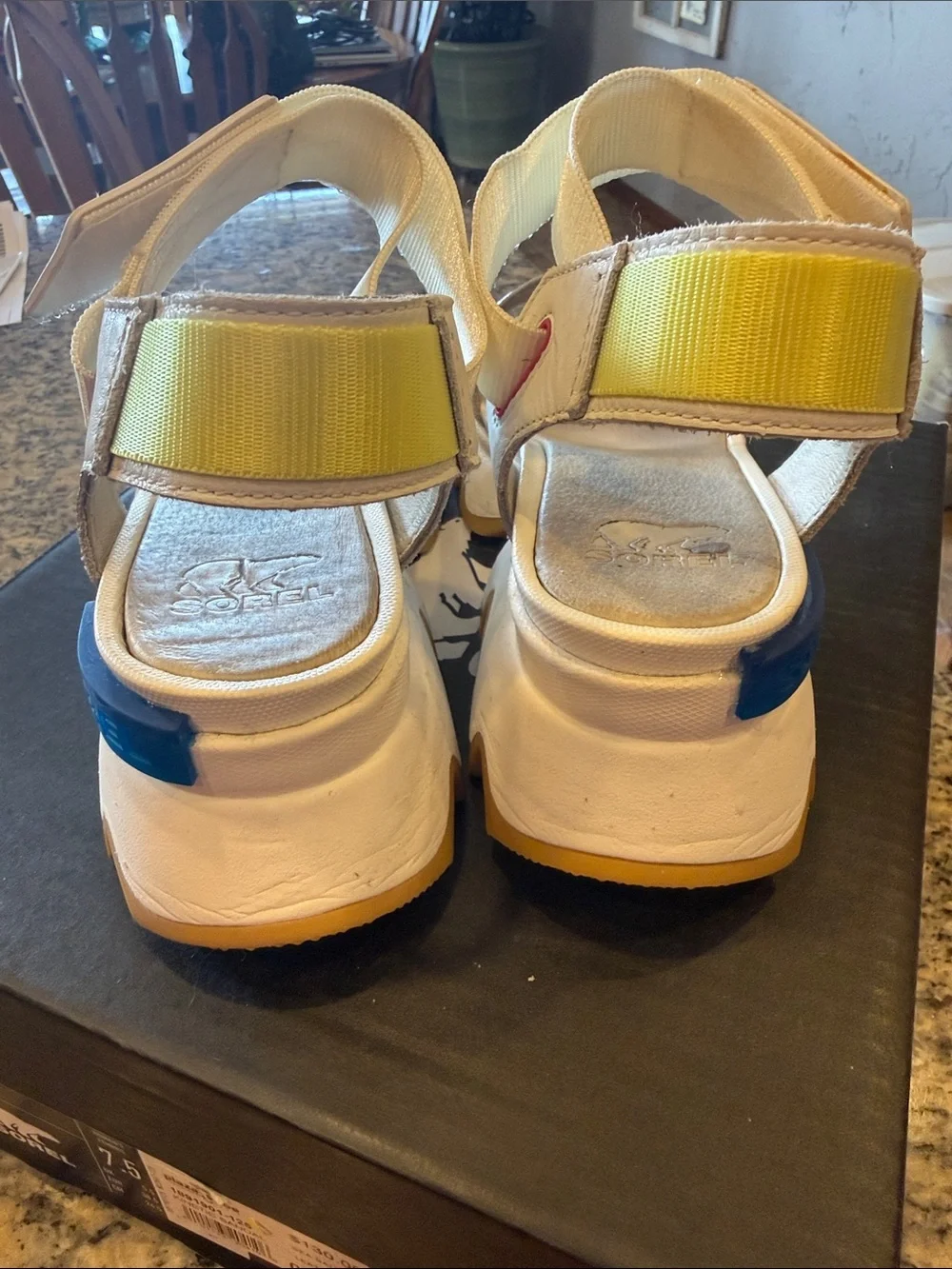 Sorel White Chunky Platform Sandals with Yellow Accent